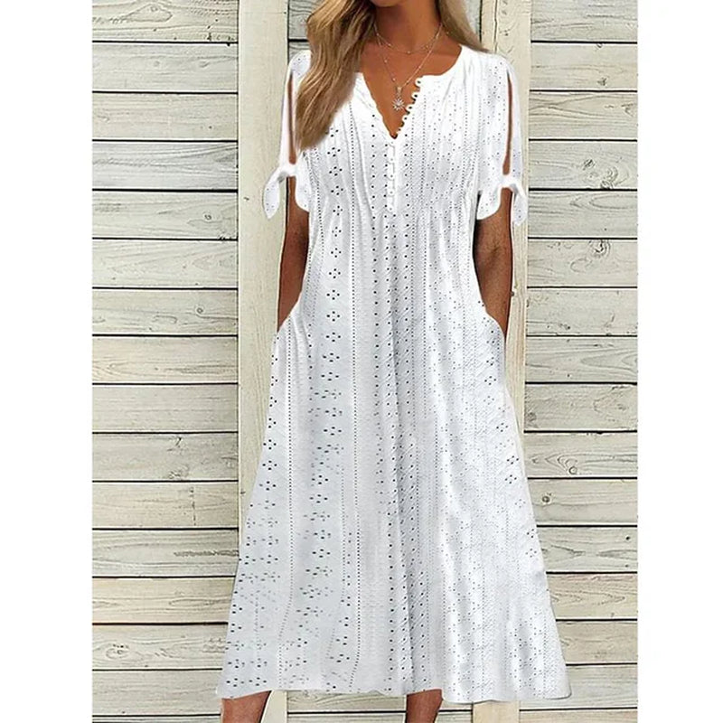 Stylish Summer A-Line Midi Dress with V-Neck and Pockets