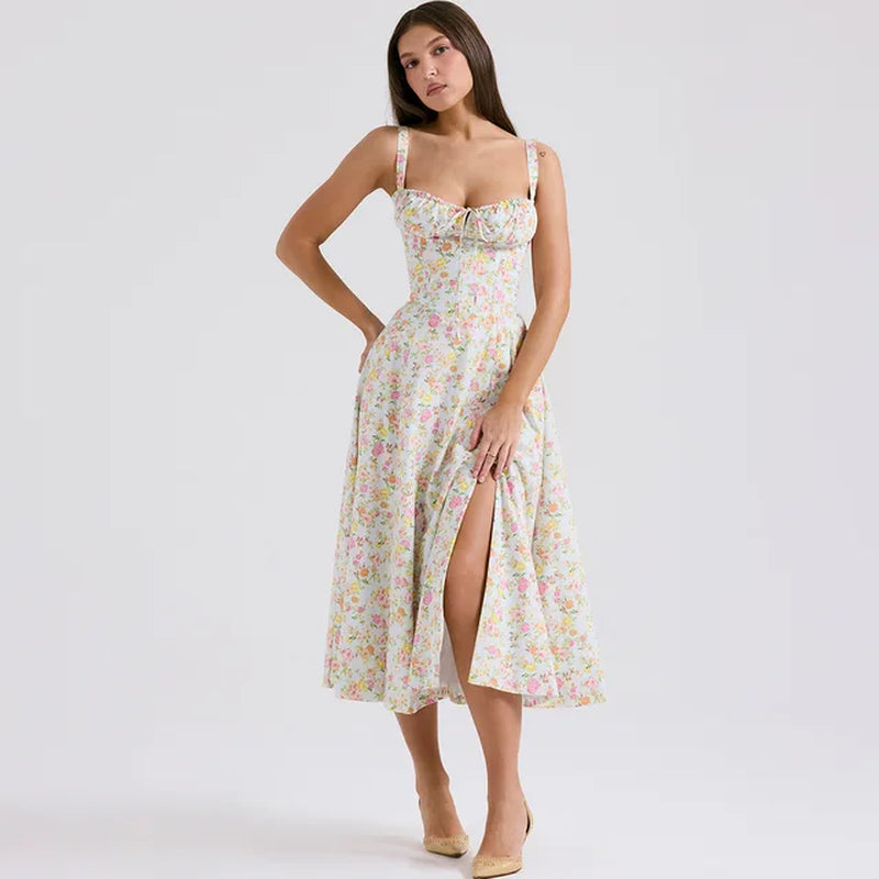 Floral Print Boho Split Thigh Midi Dress for Women Summer