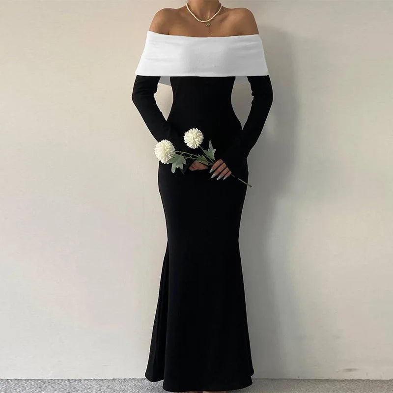 Off-Shoulder Contrast Color Elegant Bodycon Long Evening Party Dress - Image 4