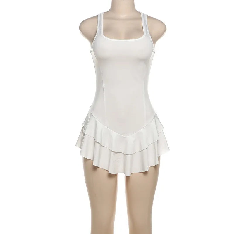 Solid Ruffles Patchwork Low Cut Mini Dress for Women - Image 4