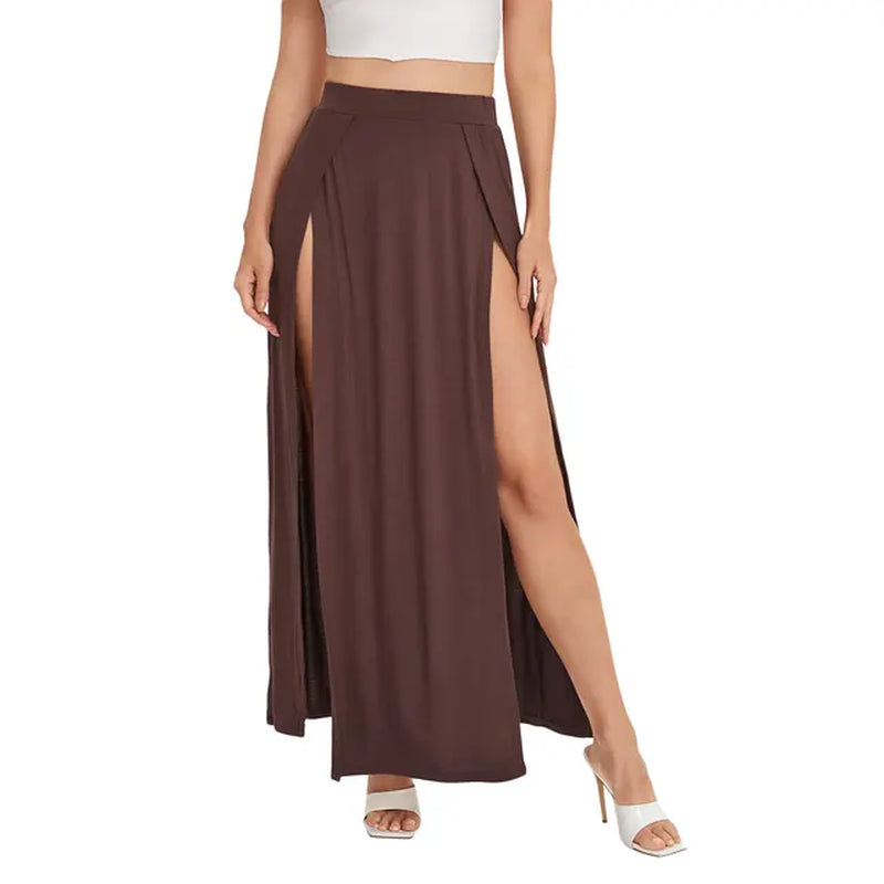 Elastic high waist long skirt with side split for women
