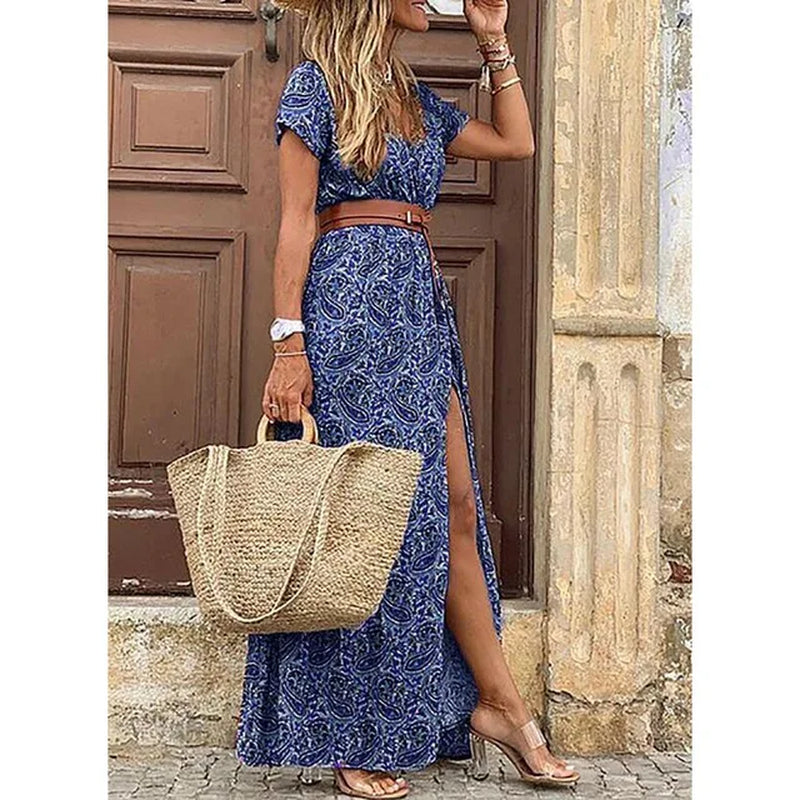 Boho Print V-Neck Maxi Dress with High Split Hem - Image 13
