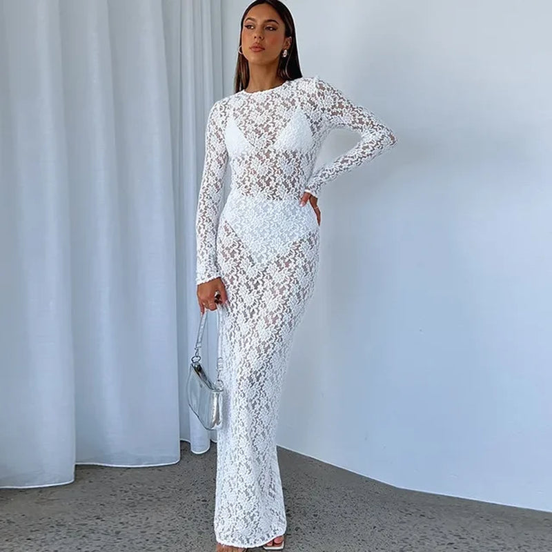 Elegant Lace Sheer Maxi Dress for Women - Club Partywear