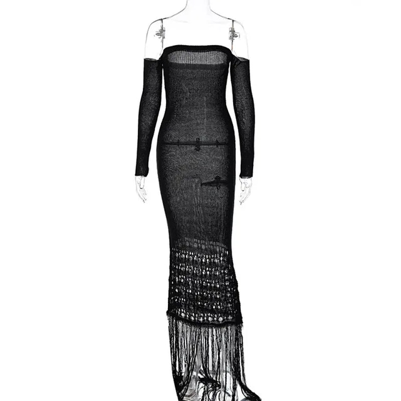 Elegant Slim Hollow Out Tassel Dress for Women Partywear