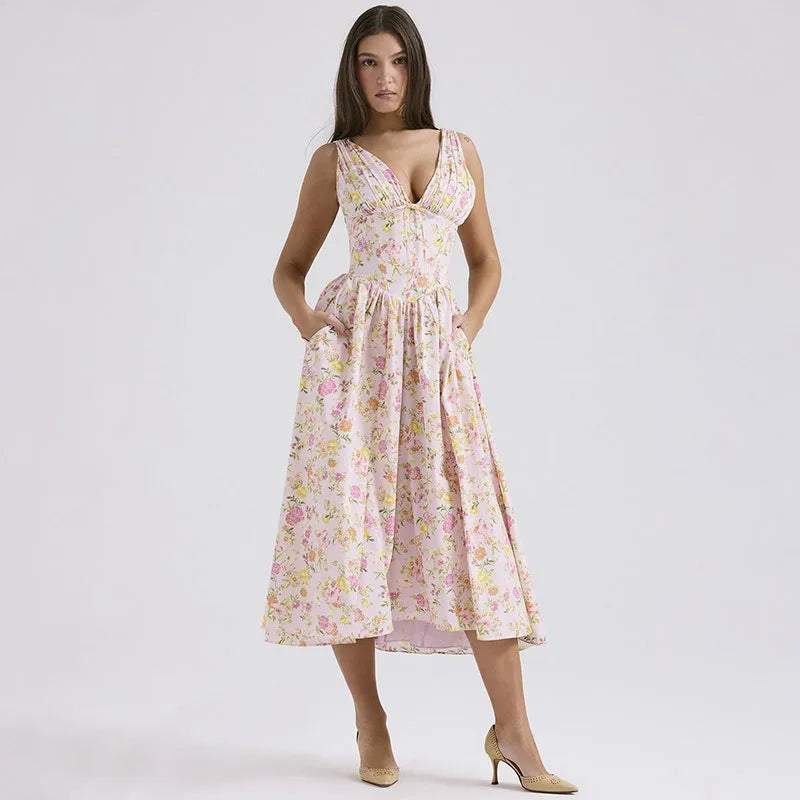 Stylish Floral Summer Midi Dress with Pockets and Pleated Waist - Image 4