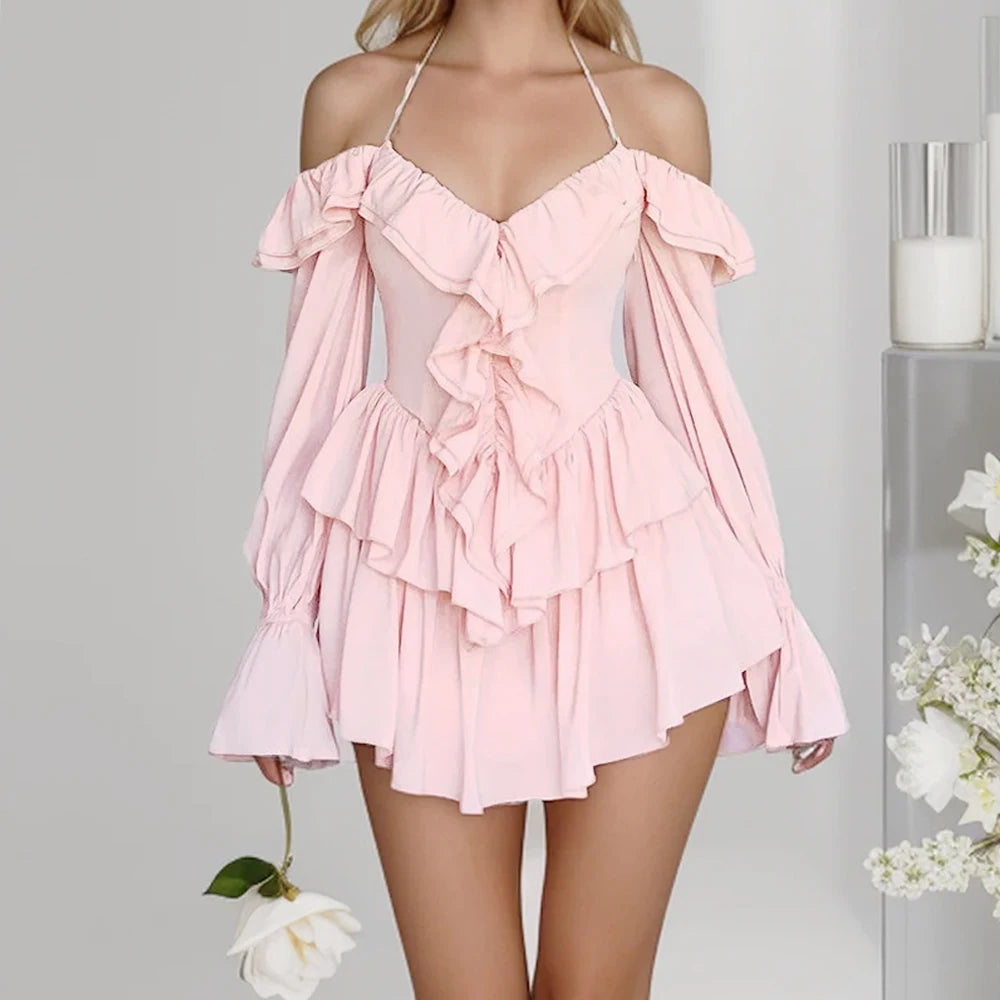 Womens Solid Mini Skirt Dress with Flare Sleeve and Backless Design for Club