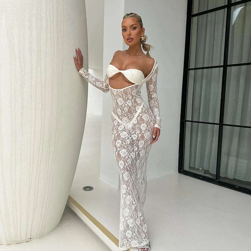 Summer Lace Patchwork See-through Bodycon Dress Women Hollow Sleeve - Image 4