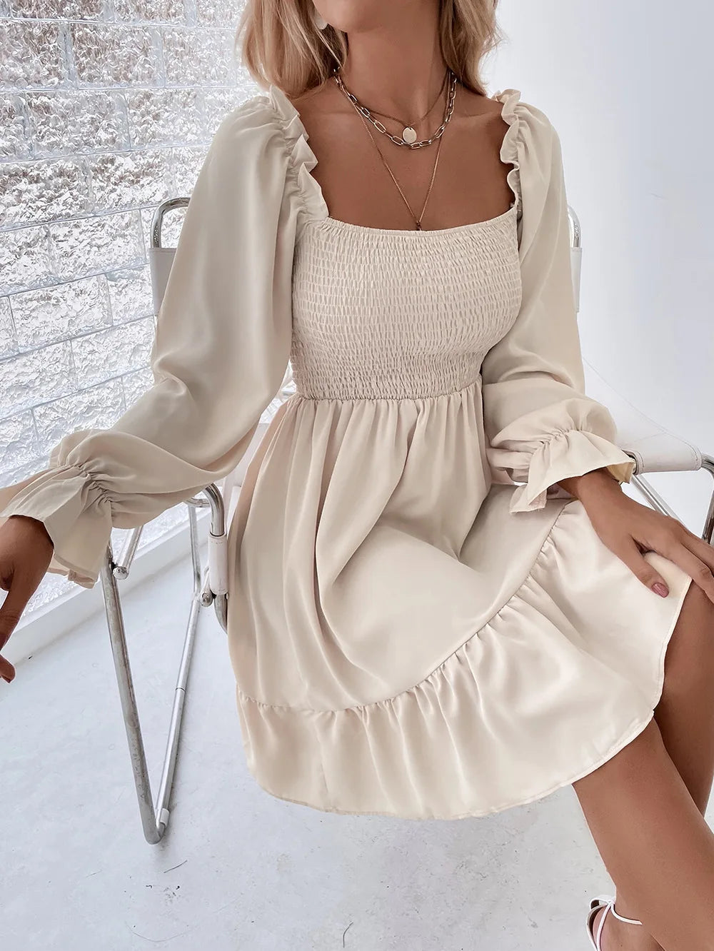 Chic Women's A-Line Midi Dress with Square Collar - Image 4