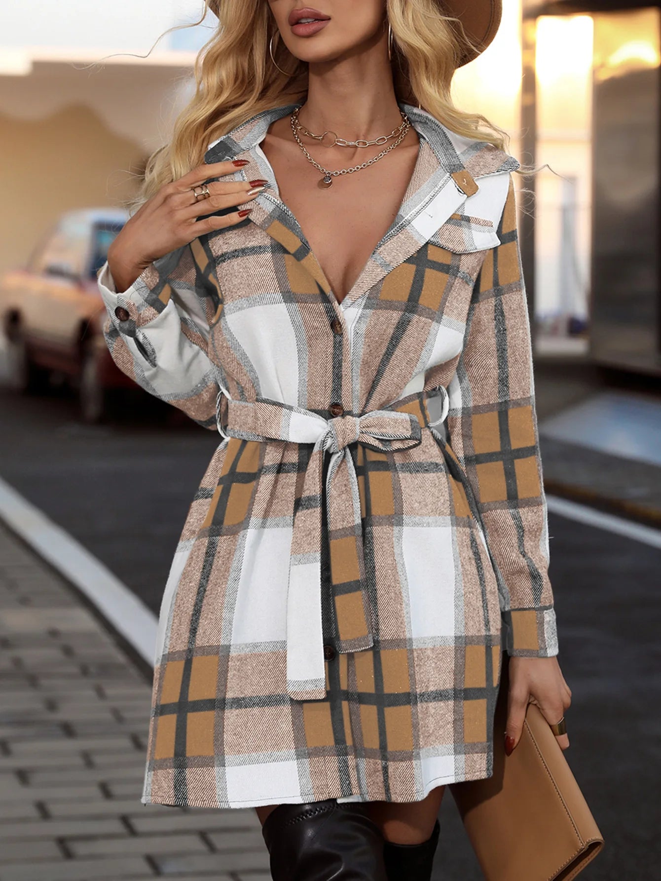 Plaid Print Long Sleeve Bandage Mini Dress for Women - Image 4