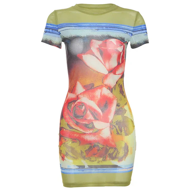 Sexy Mesh Print Bodycon Mini Dress for Women
