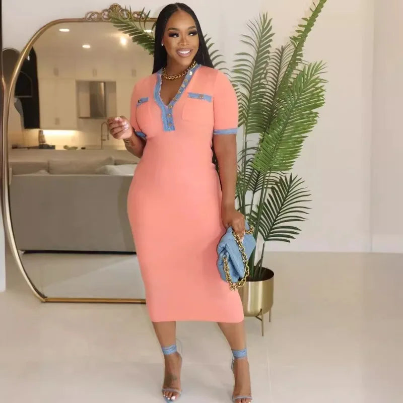 Summer Denim Patchwork Bodycon Dress with Pockets for Women - Image 3