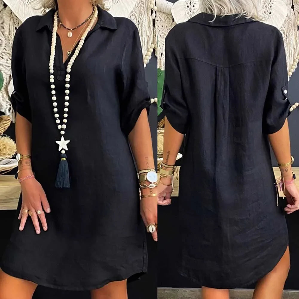 Cotton Linen OL Blouse Dress Vintage Casual Mini Dresses - Image 3