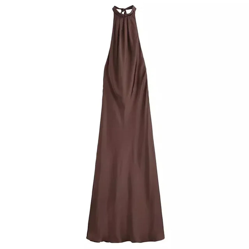 Vintage Brown Satin Halter Long Dress for Summer Events