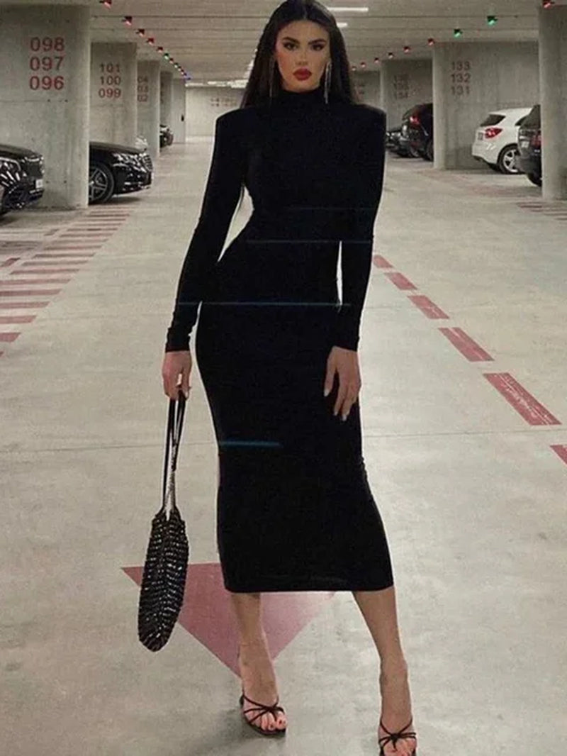 Sexy Bodycon Black Maxi Dress for Winter Streetwear Fashion