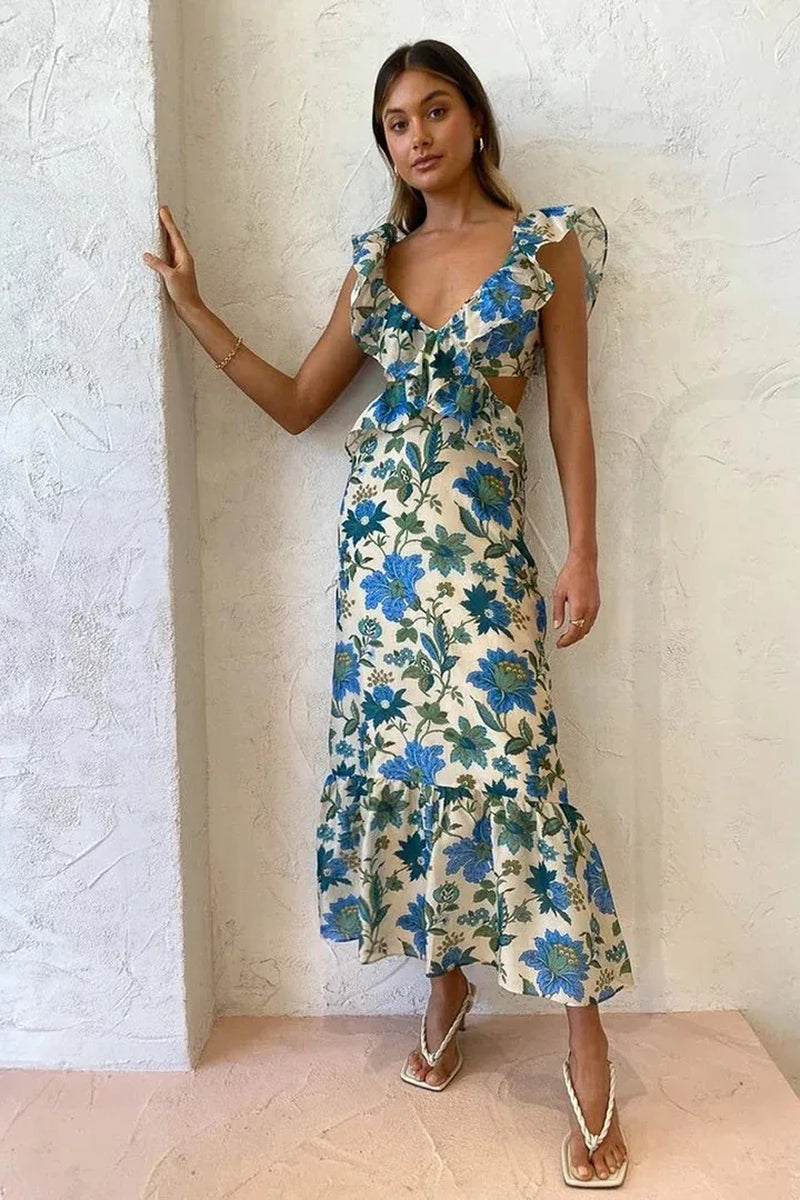 Summer Vacation Sexy Backless Print Dress Women Beach Robe - Image 5
