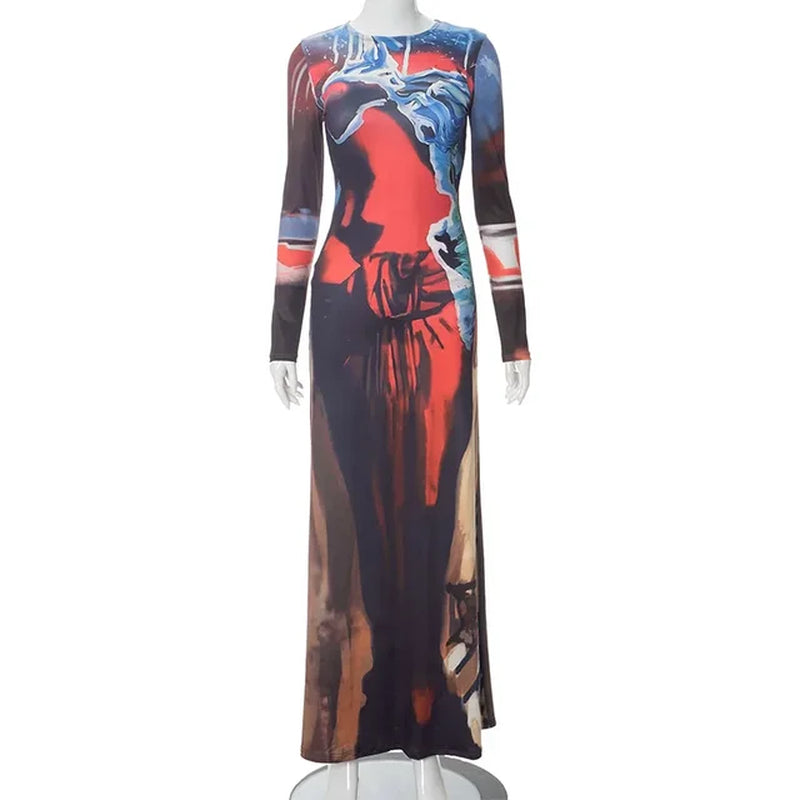 Women's 3D Print Slim Maxi Dress O-Neck Long Sleeve Streetwear