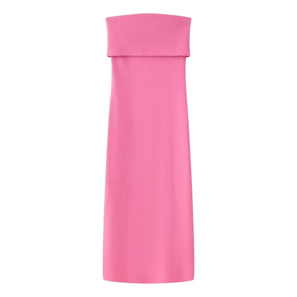 Solid knit open-shoulder midi dress for elegant evening wear.