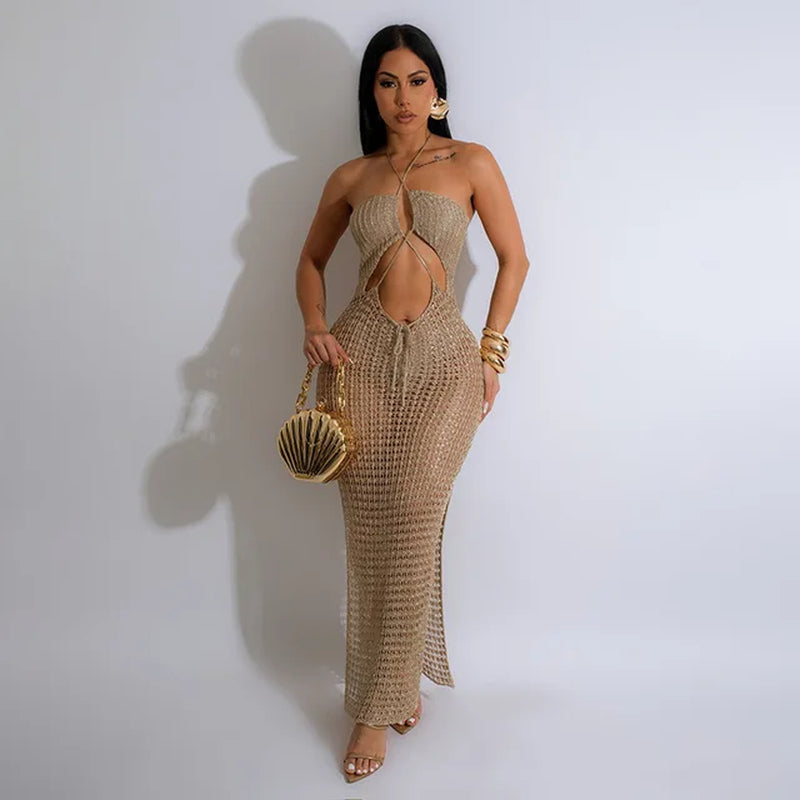 Beachwear Cover Up: Sexy Halter Knitted Hollow Out Long Dress