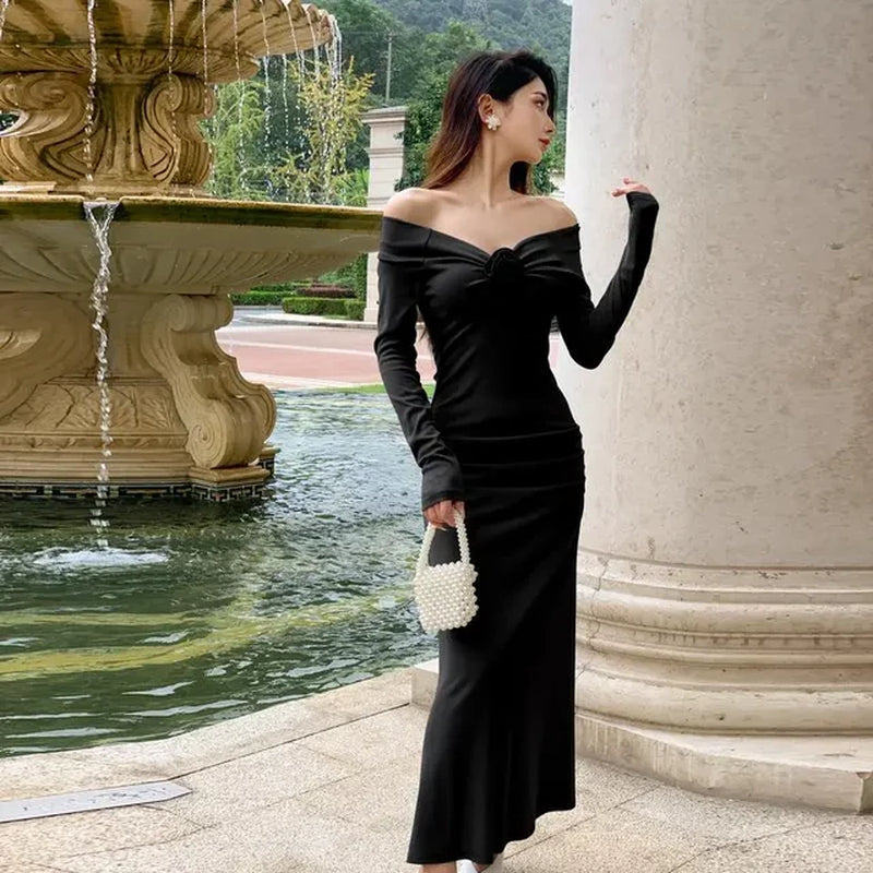 Elegant Grey Evening Party Dress with Vintage Flower Decoration - Image 6