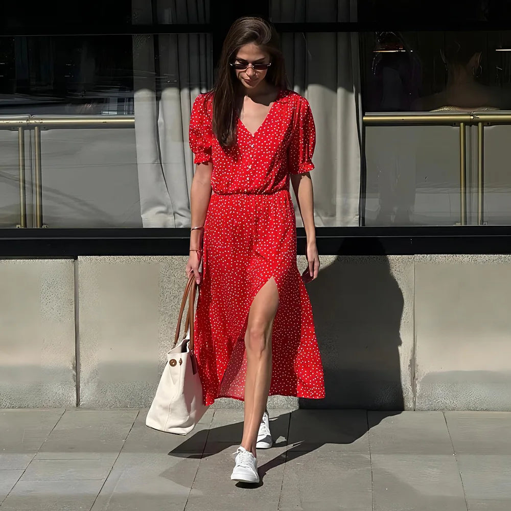 Summer Elegant Dot Long Dress V Neck High Split Robes - Image 4