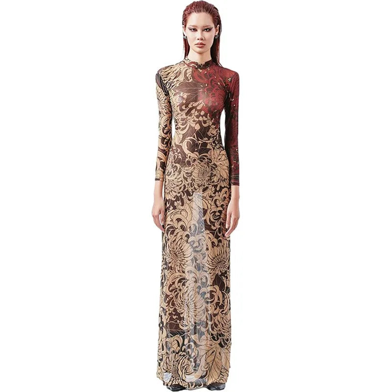 Women Mesh Print See-through Slim Hipster Long Dress - Image 4