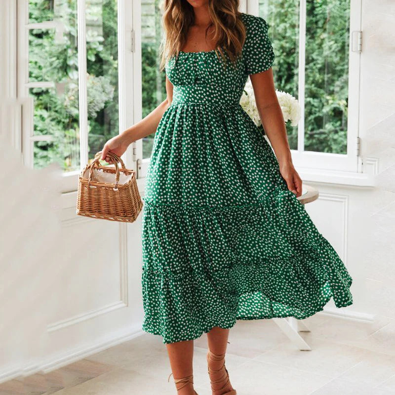 Vintage Print Puff Sleeve Summer Maxi Dress Casual Floral - Image 3