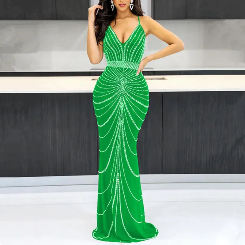 Sparkling Diamond Spaghetti Strap Maxi Dress for Evening Parties