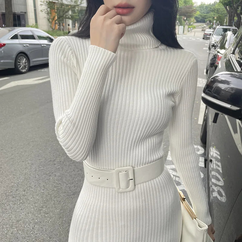 Soft Elastic Turtleneck Sweater Knitted Bodycon Midi Dress with Belt - Image 7