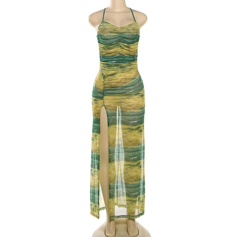 Women's Sexy Mesh Striped High Split Long Dress