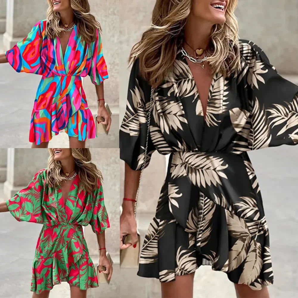 Chic Women's Bat Sleeve V-Neck Casual Beach Dress - - Image 2