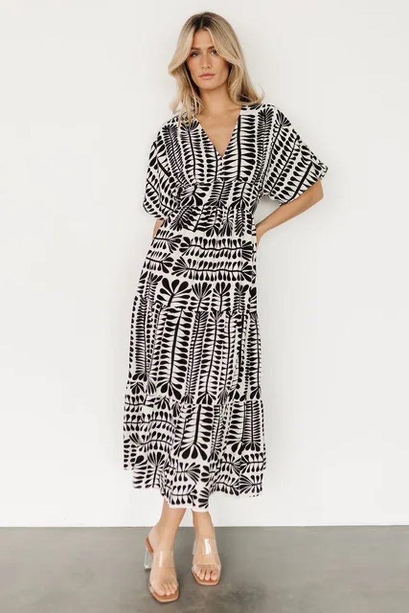 Retro Stripe Short Sleeve Dress for Women - Boho Midi