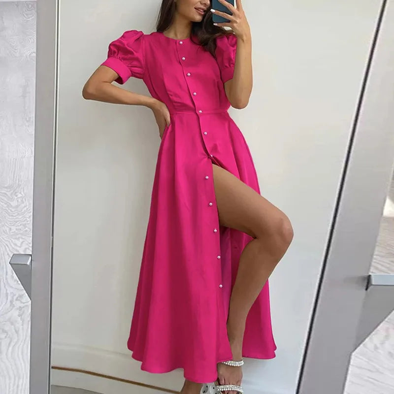 Stylish Puff Sleeve Summer Dress for Women - O-Neck Maxi Split - Image 3