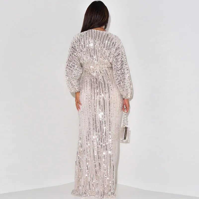 Elegant Sequin Evening Dress with Long Sleeves and V-Neck - Image 4