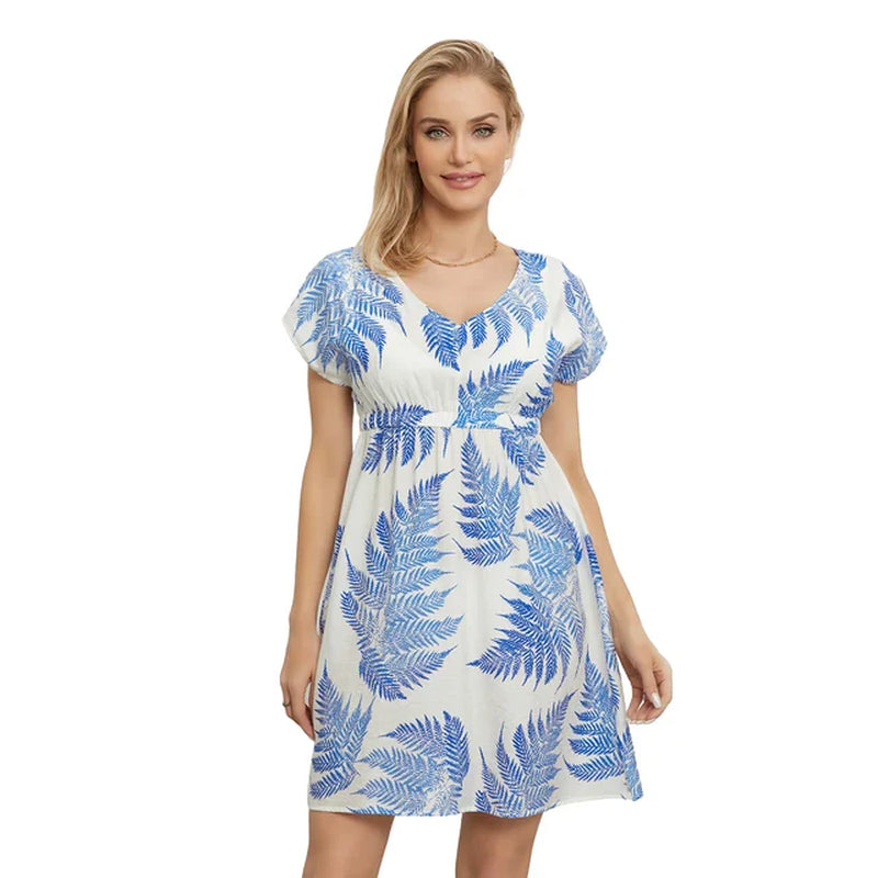Women's Short Sleeve V Neck Leaves Print Beach Cover-Up
