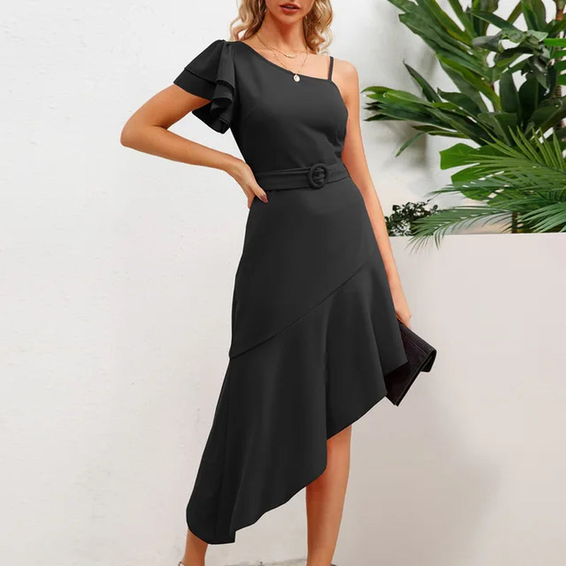Chic Ruffle Short Sleeve Solid Mini Dress with Belt & Irregular Hem - Image 10