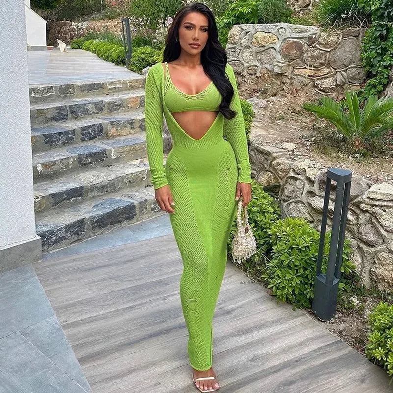 Green Knitted 2-Piece Dress Set for Women: Streetwear Chic