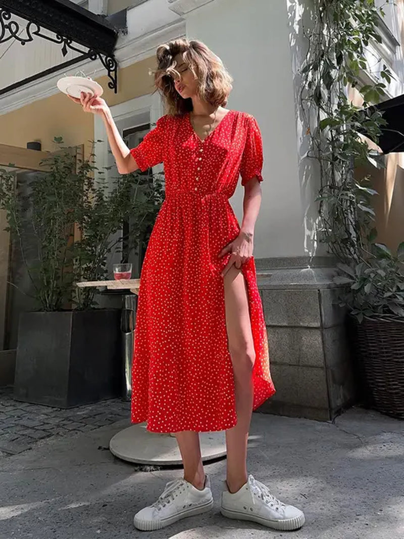 Summer Elegant Dot Long Dress V Neck High Split Robes