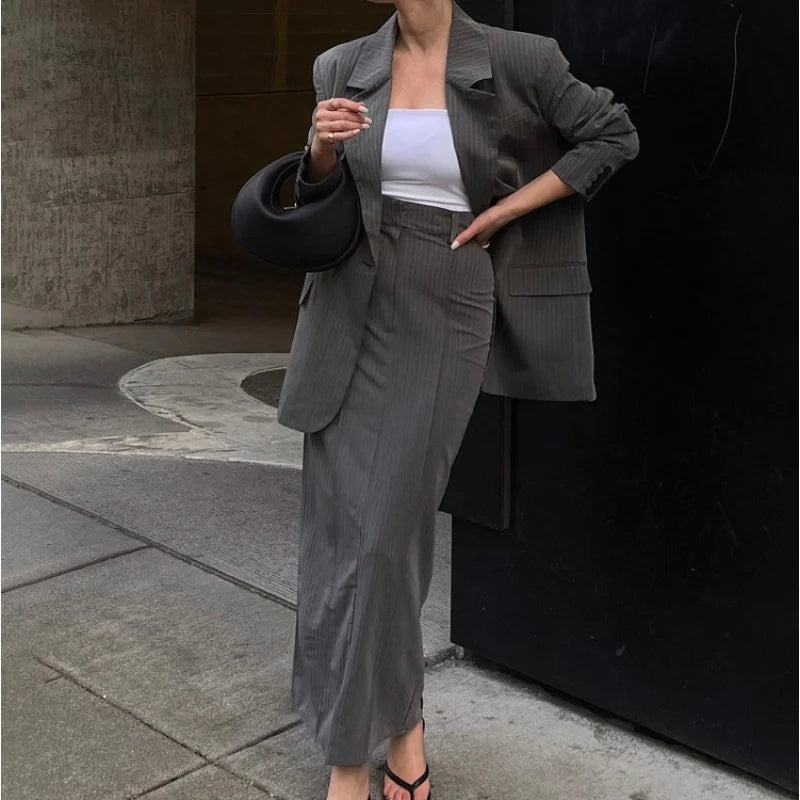 Gray Striped Suit Jacket with Split Skirt – Women’s Commute Style