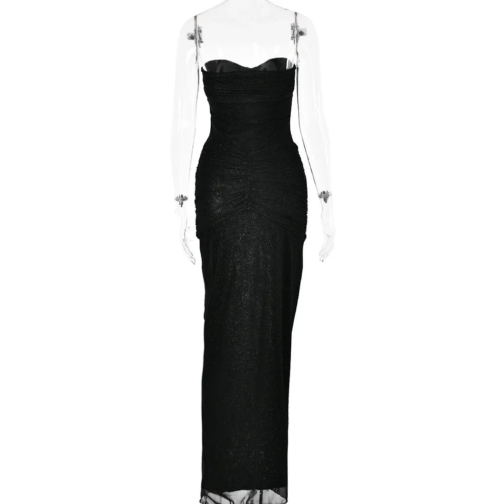 Mesh Patchwork Gilding Sheer Maxi Strapless Fishtail Dress - Image 7
