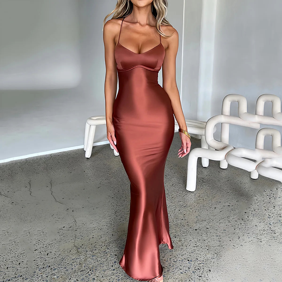 Backless Satin Bodycon Dress, Spaghetti Strap, Sleeveless, Clubwear - Image 4