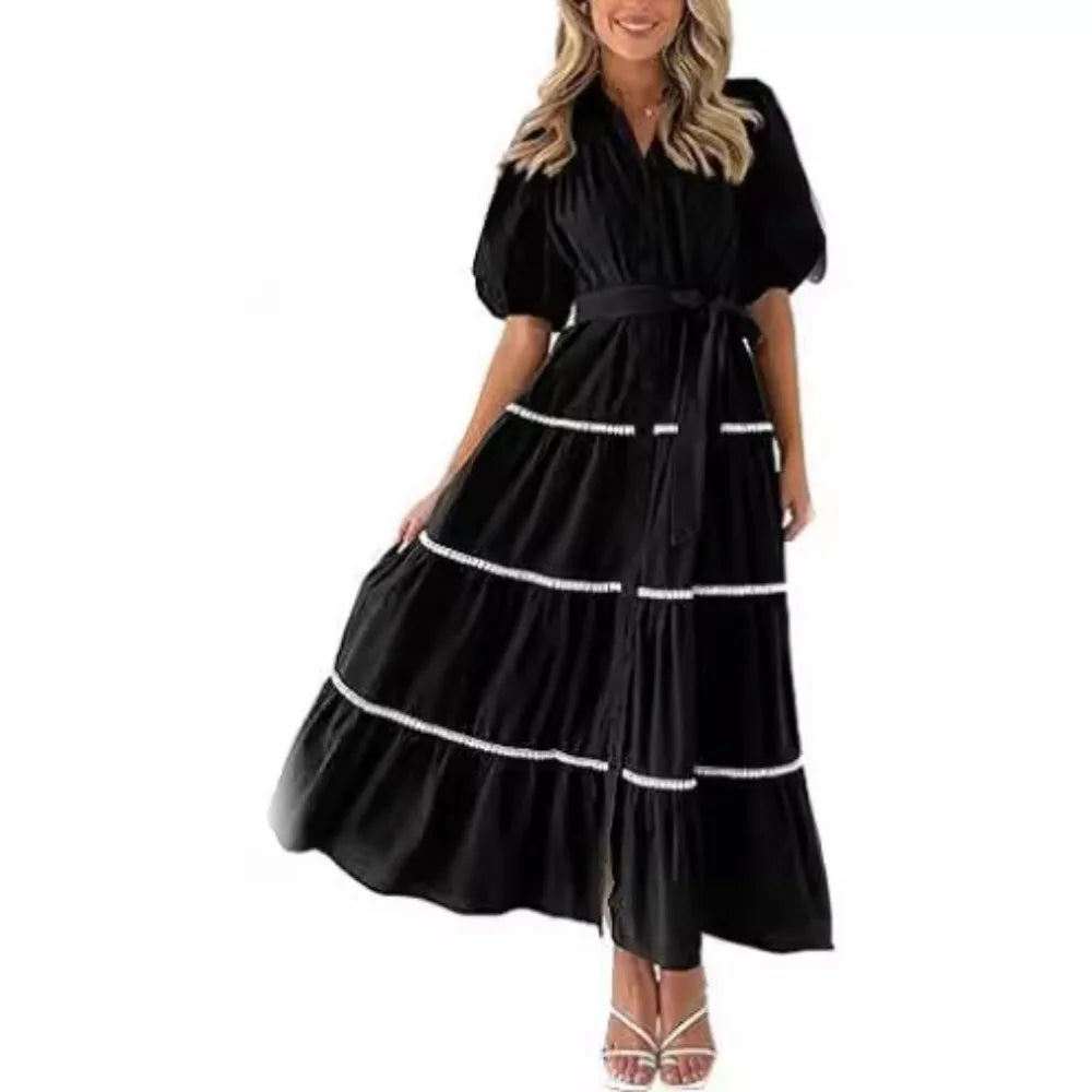 Stylish Summer Women's Lace-up Puff Sleeve Dress V-Neck Maxi - Image 5