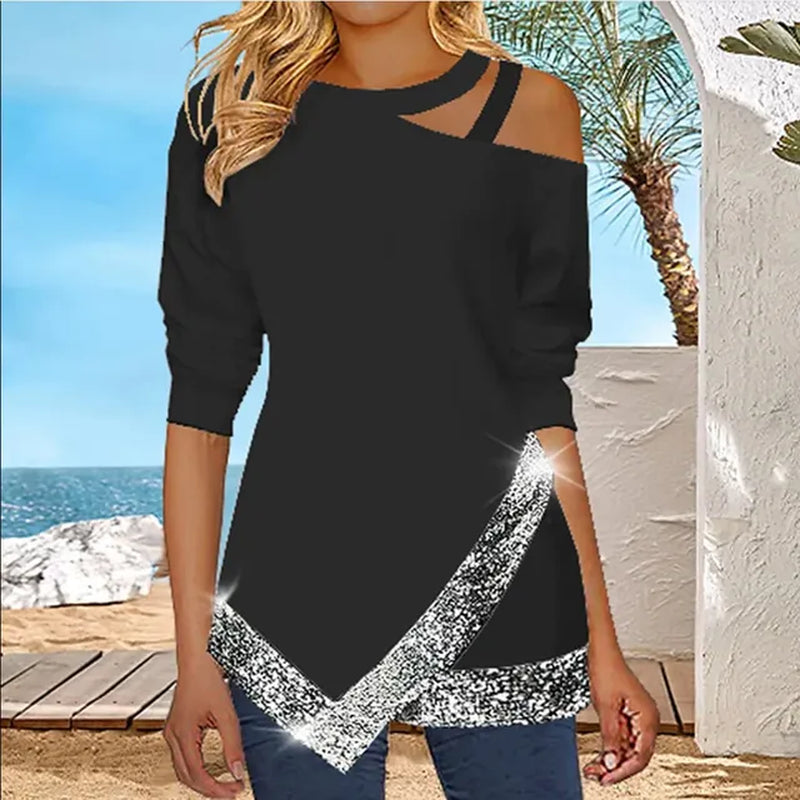 Sequin Halter T-Shirt for Women: Street Style Solid Pullover