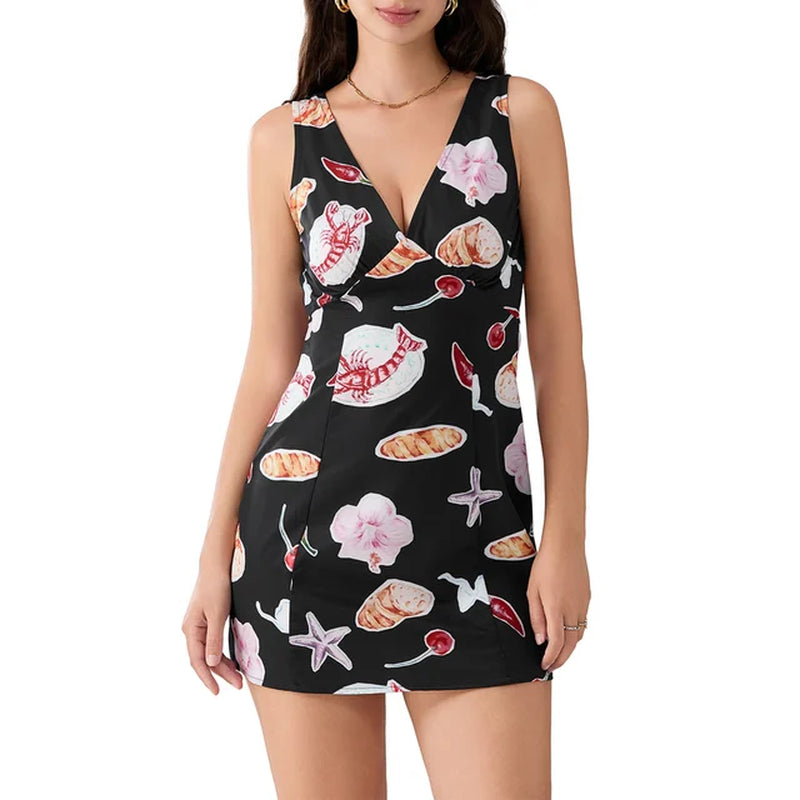 Floral Sleeveless Mini Dress with Deep V-Neck and Spaghetti Straps