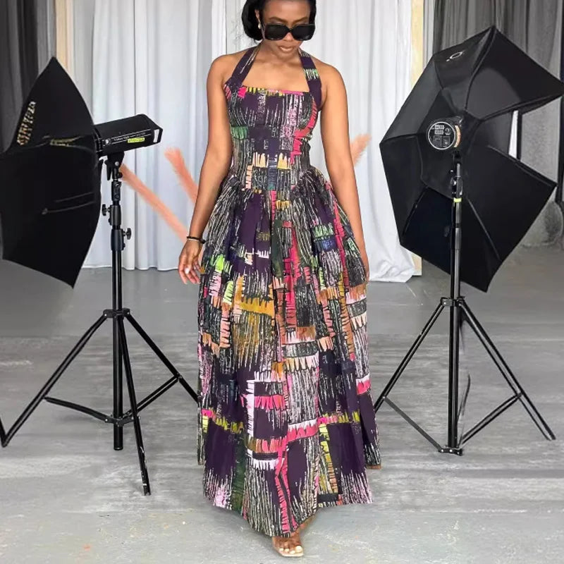 Vintage Casual Women's Printed Hollow Out Back Halter Dress - Image 2