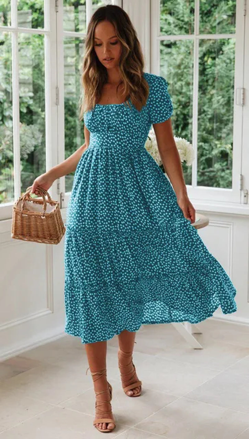 Vintage Print Puff Sleeve Summer Maxi Dress Casual Floral - Image 10