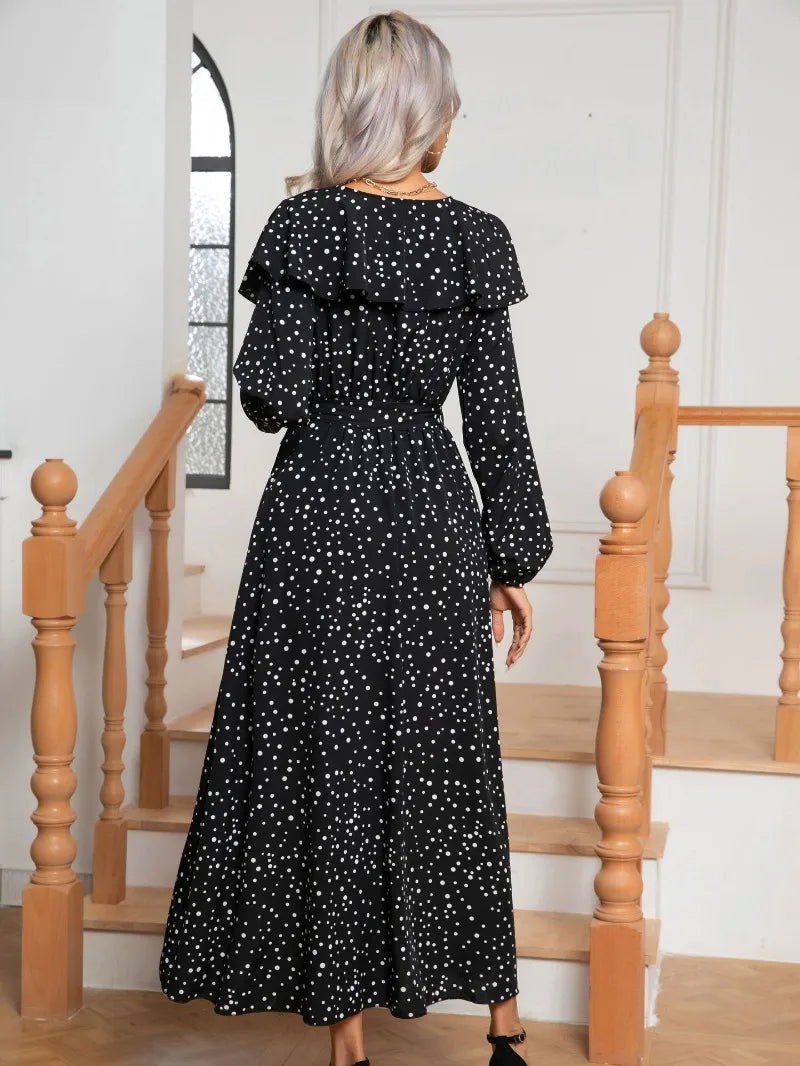 Elegant V-Neck Black Maxi Dress with Ruffle Collar - Image 7