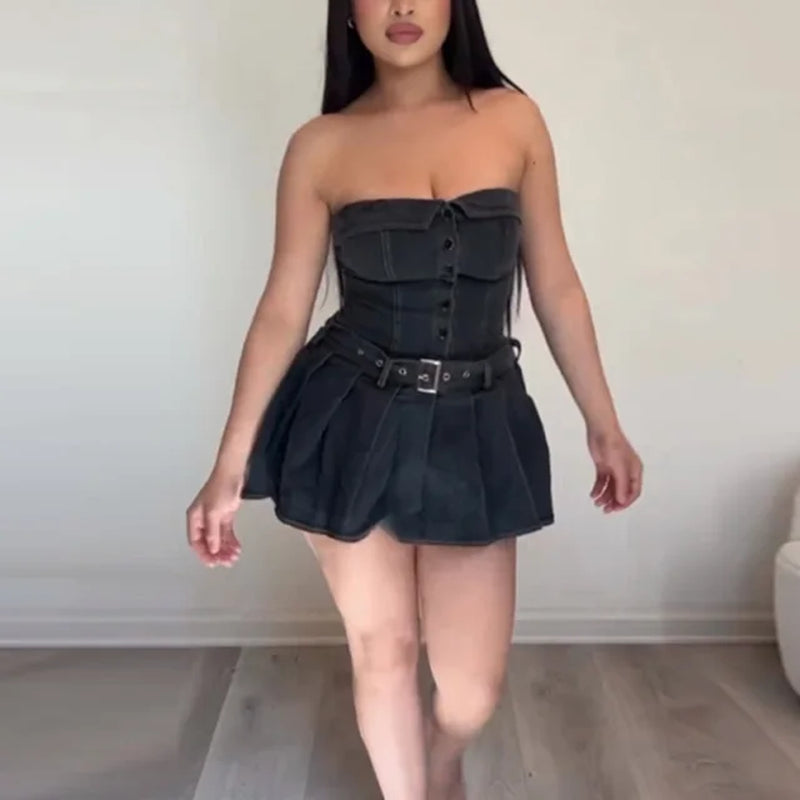 Sexy Slash Neck Pleated Mini Dress for Women Jeans - Image 6
