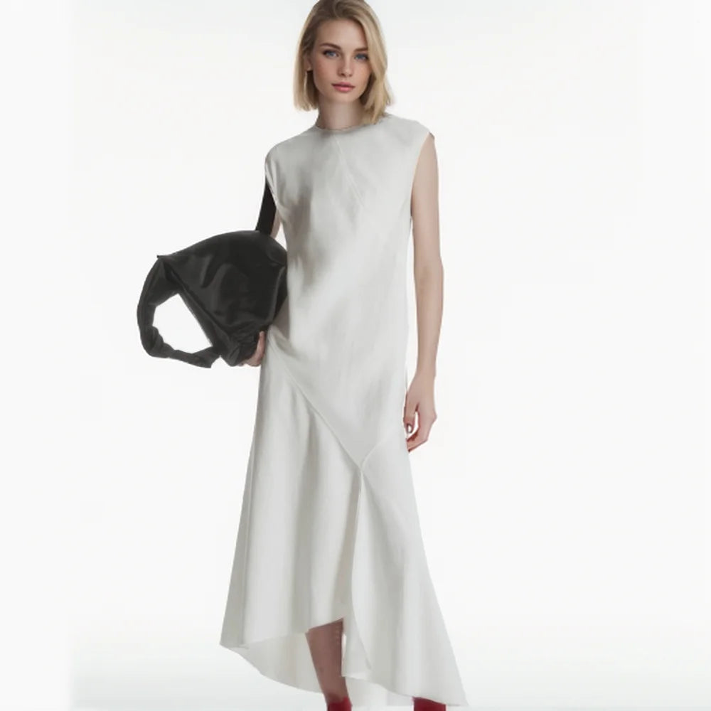 Summer White Irregular Hem Round Neck Long Dress for Women - Image 3