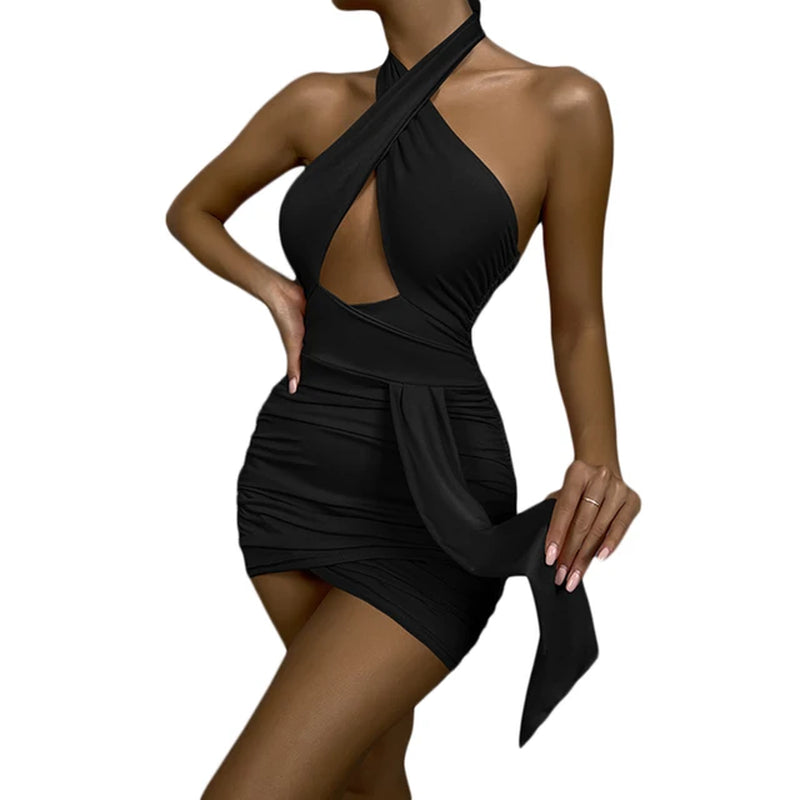 Women's Sexy Bodycon Halter Neck Sleeveless High Waist Sashes Dress