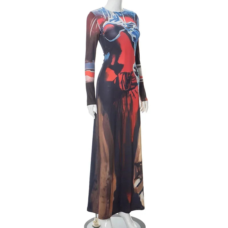 Women's 3D Print Slim Maxi Dress O-Neck Long Sleeve Streetwear - Image 5